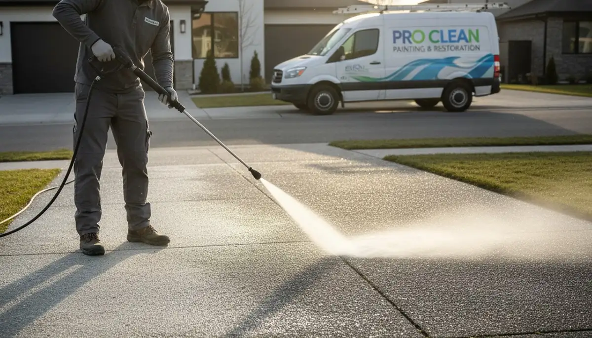 Tacoma Paint Pros pressure washing concrete driveway in Tacoma, WA for moss and stain removal