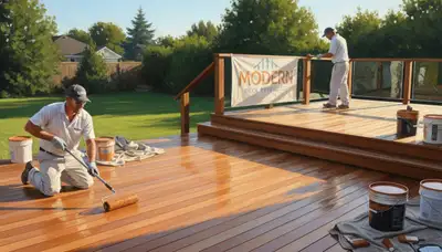 Tacoma painters staining a wood deck to protect against rain, moss, and moisture
