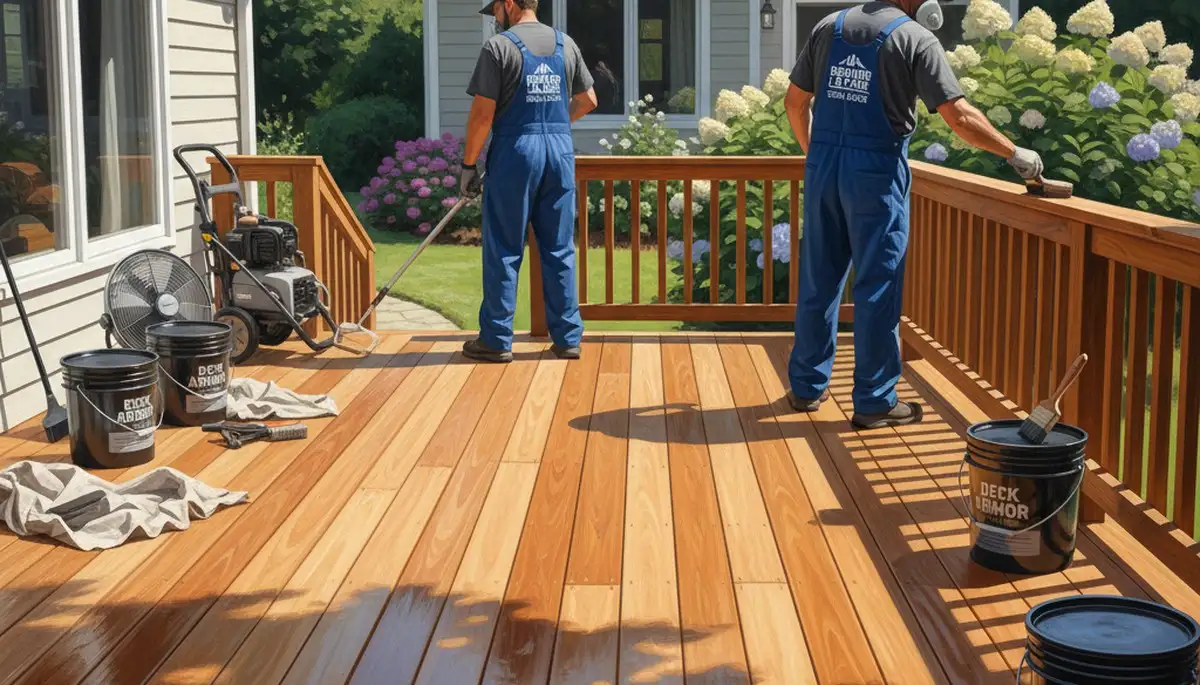 Tacoma, WA painter applying deck sealant to protect a wood deck from rain and moisture