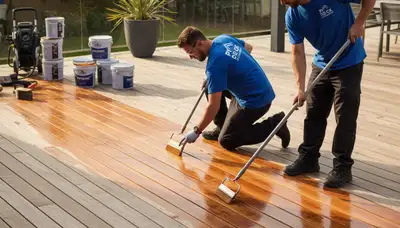 Tacoma, WA painters staining a wood deck to protect against moisture, UV, and moss damage