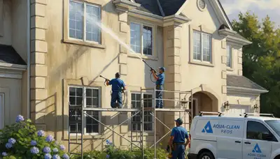 Tacoma, WA pressure cleaning service washing siding, concrete, and walkways to remove grime and moss