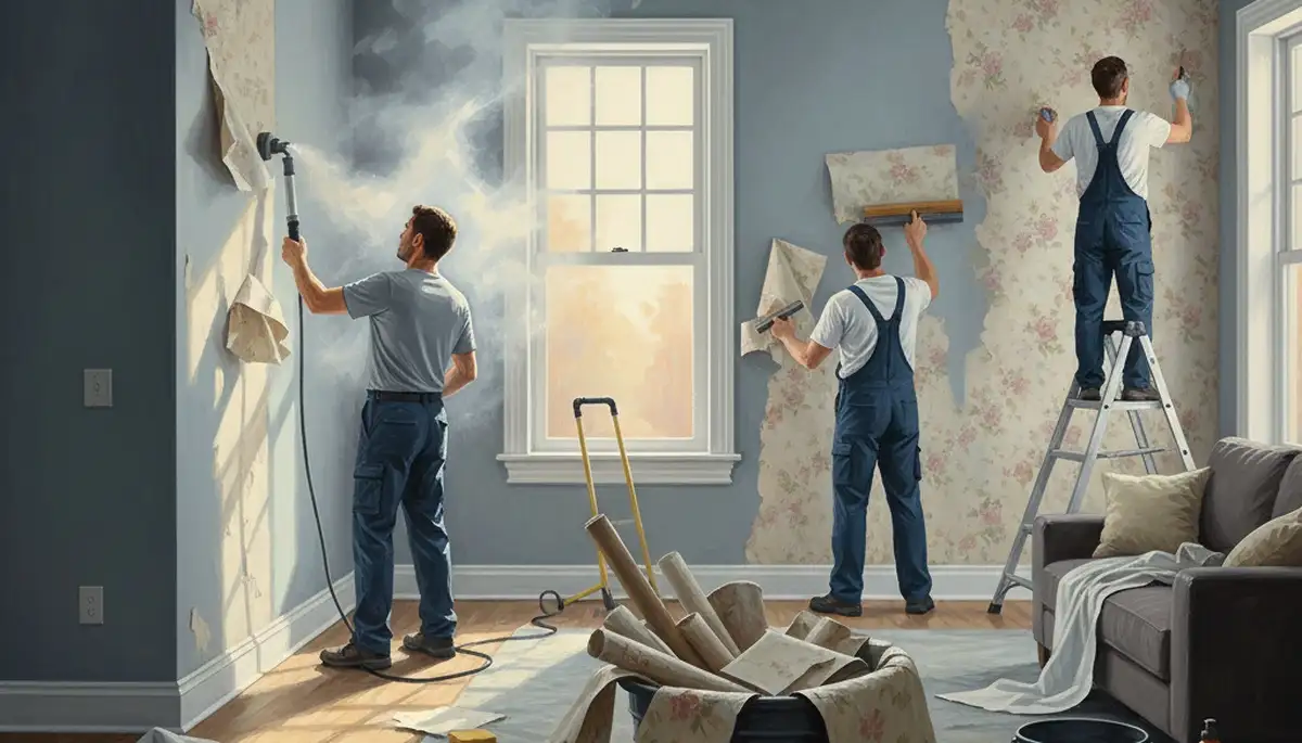Tacoma Paint Pros removing old wallpaper in Tacoma, WA to prepare walls for painting